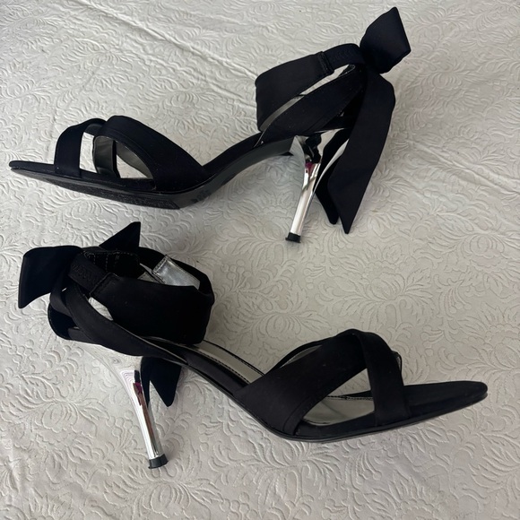 FIONI Clothing Shoes - Fioni Elegant Black Satin Heels with Bow Accent/Silver Heels, Size 9